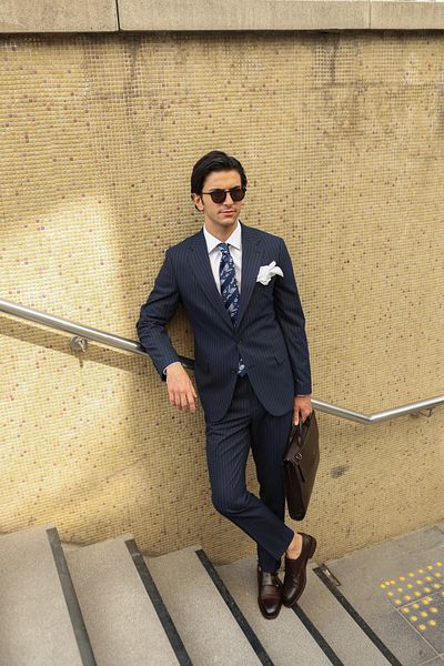 AEK FIORE Men's Navy Blue Striped Suit