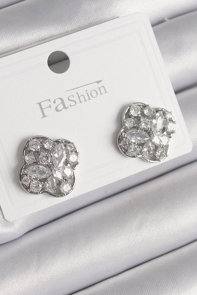 Clariss Brass Silver Color Zircon Stone Clover Model Women's Earrings -Kp-1198
