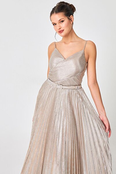 Setre Mink Silver Belt and Pleat Detail V-Neck Long Evening Dress