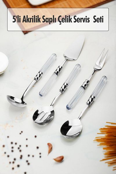 AC BOX 5 Piece Platinum Serving Set & Serving Presentation Set Transparent (Ladle / Colander / Spatula / Fork / Spoon)