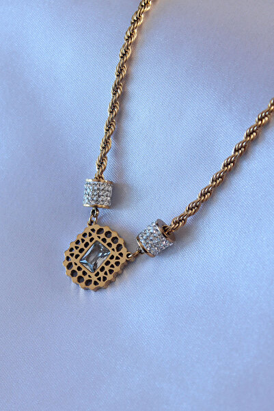 N&M STORE 316L الصلب لون الذهب لوتس نموذج الزركون حجر تويست سلسلة قلادة المرأة