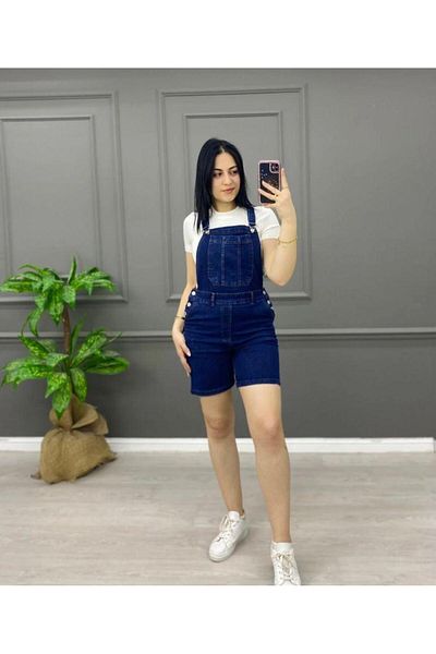 TugsatTasarTekstil Women's Dark Blue Snow Salopet Shorts Denim Overalls Lycra Gardener