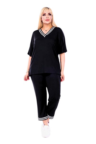 Hazinedan Women's Black V-Neck Stripe Detailed Short Sleeve Elastic Capri Two-Piece Tracksuit Set