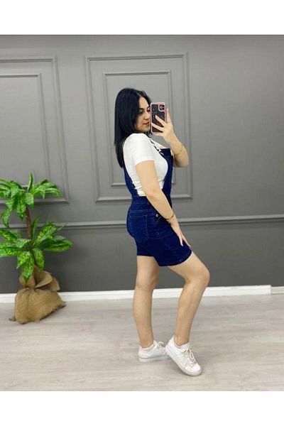 TugsatTasarTekstil Women's Dark Blue Snow Salopet Shorts Denim Overalls Lycra Gardener
