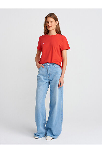 Dilvin 30584 Crew Neck Cotton T-Shirt-Red