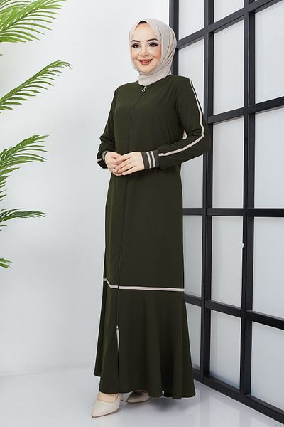 hafsamina Khaki Abaya with Stripe Detail