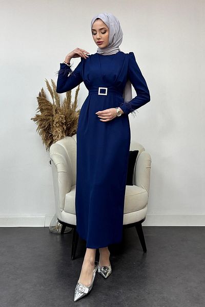 Tesettür Diyarı Γυναικείο Φόρεμα με Φτερό Κρεπ Μπλε Navy Blue