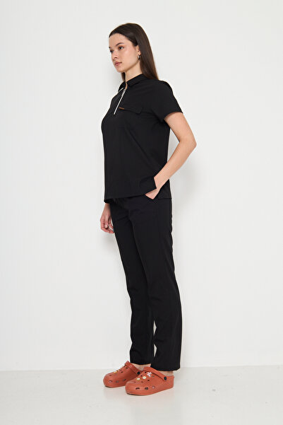 Class Üniforma Polo Yaka Siyah Kadın Medikal Üniforma Scrubs