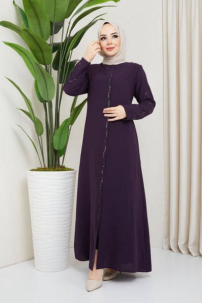 hafsamina Stone Detailed Plus Size Plum Abaya