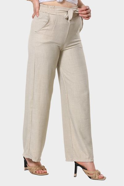 SOSYETE AVM Women's Cream Belted Elastic Waist Palazzo Linen Trousers