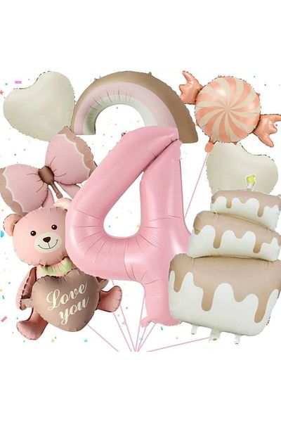 DÜVENCİ TİCARET Retro Cake Candy Bear Heart Rainbow Bow Birthday Age Party Set