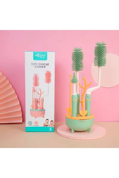 style iconic Silicone Baby Bottle Brush Cleaner Set - 7pcs with Stand, 360° Rotating with Straw & Nipple Brush