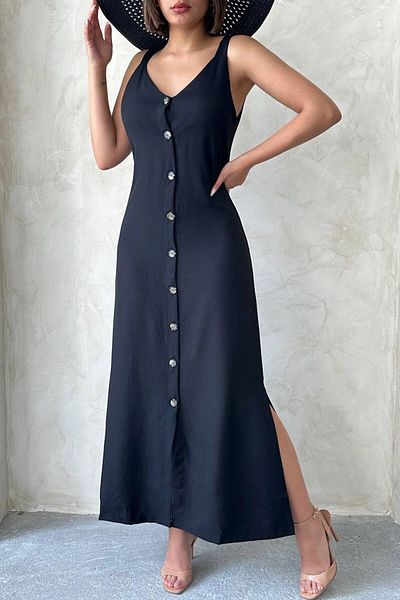bacc Women's Black Strappy Slit Detailed Maxi Length Woven Shirt Dress Bchn- 25255044