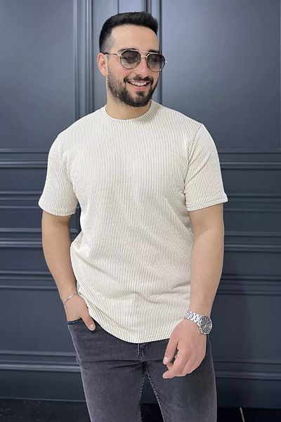 MİSHAR İTALİA Ανδρικό μπλουζάκι με ριγέ μπεζ κρεμ λαιμόκοψη