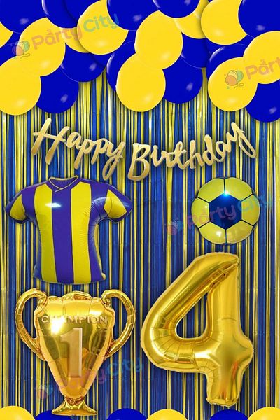 Party City Yellow Navy Blue 4Th Birthday Ornament Set – Party Ornament, Balloon, Banner, Foil Balloons