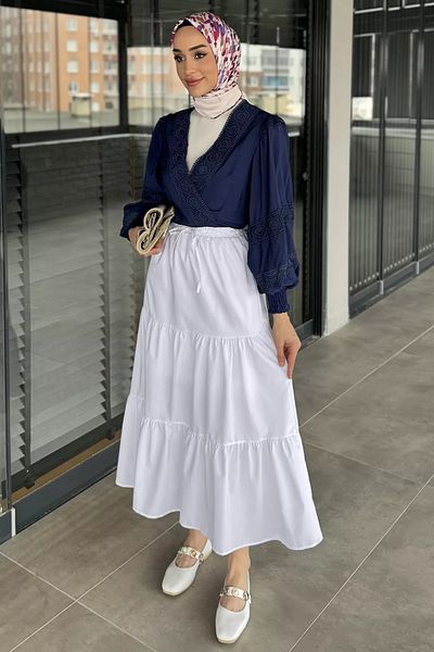 julude White Women's Elastic Waist Pleated Tiered Hijab Skirt
