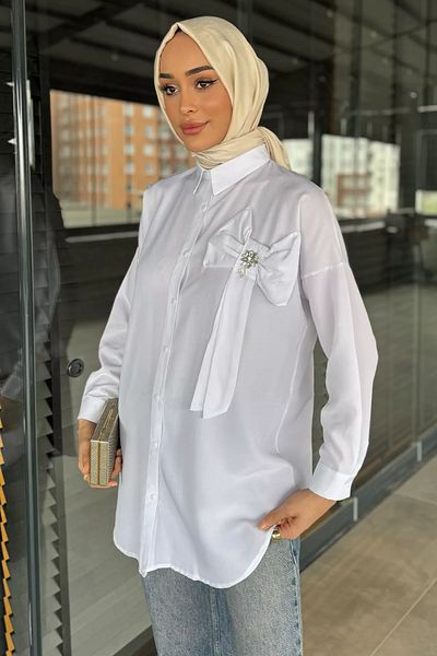 julude White Ribbon Detailed Stone Hijab Tunic