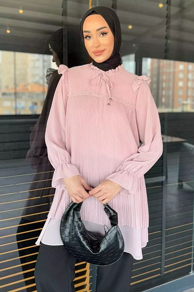 julude Πούδρα Γυναικείο Πέτο Δεμένο Πλισέ Hijab Chiffon Τούνικ