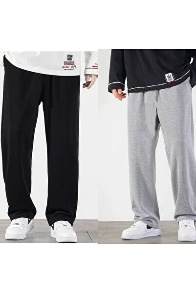 FİTGO Erkek Siyah-Gri Ince Baggy Kesim Düz Paça Eşofman Altı 2 li Paket