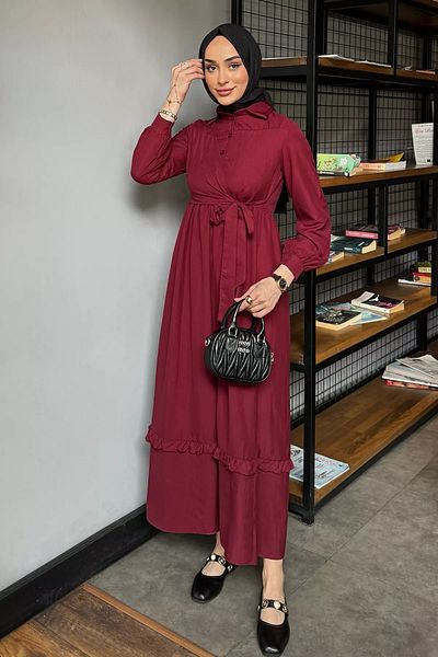 julude Μπορντό Φόρεμα Hijab με μισό κουμπί στο πλάι