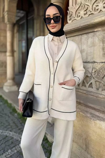 julude Cardigan hijab cu barbă, cu buzunar dublu, cu nasturi în față, crem