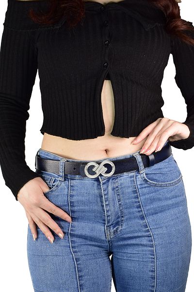 GoDeri Curea de damă din piele naturală 100% cu cataramă argintie albastru bleumarin de 3 cm - pentru rochie și pantaloni