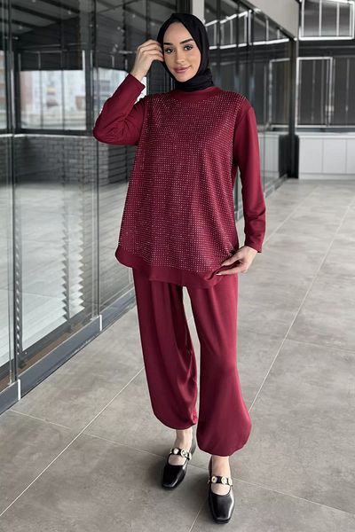 julude Βουργουνδία Πέτρα Κεντημένο Crew Neck Παντελόνι Hijab Διπλό Σετ