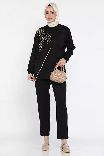 julude Μαύρο Hijab Απλικέ Κεντημένο Φούτερ Παντελόνι Σετ δύο τεμαχίων