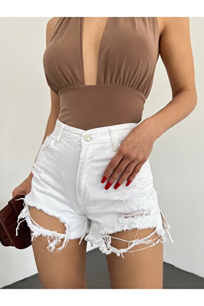 Genel Markalar Yıkamalı Lazer Yırtıklı Mini Denim Şort Beyaz