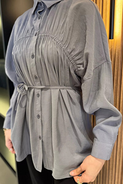 julude Gray Women's Front Gather Detailed Waist Tie Hijab Tunic