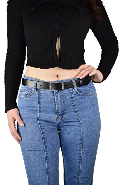 GoDeri %100 Hakiki Deri, Gümüş Takım Tokalı 3 Cm Siyah Kadın Kemeri; Elbise, Pantolon Kemeri=3cm-kdn-48