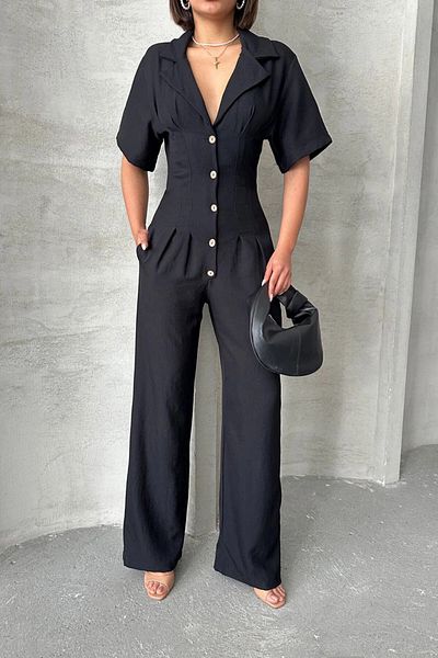 bacc Women's Black Half Sleeve Waist Corset Look Loose Cut Woven Jumpsuit Bchn- 25255059