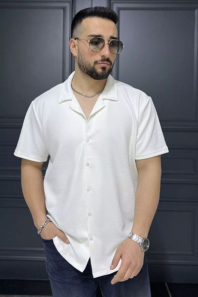 MİSHAR İTALİA Ανδρικό κοντομάνικο πουκάμισο Cream Apache Collar