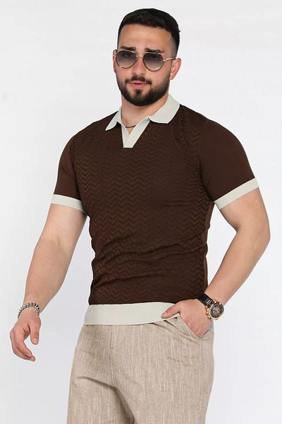 MİSHAR İTALİA Ανδρικό πλεκτό μπλουζάκι καφέ Polo Neck