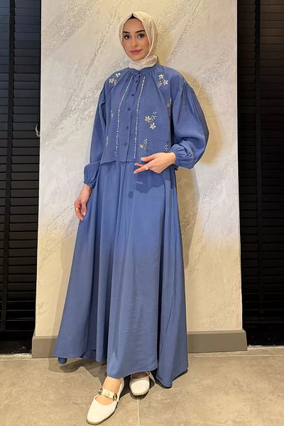 julude Indigo Beaded πουκάμισο Φούστα Hijab Διπλό Σετ