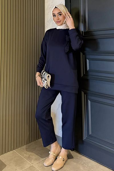julude Μπλε γιακά Λουλούδι Λεπτομερές Παντελόνι Hijab Διπλό Σετ