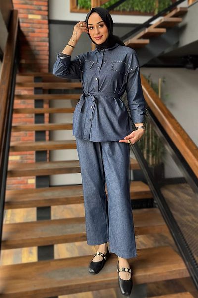 julude Set de două piese pentru femei albastre, cu curea brodata cu piatra, blugi hijab, pantaloni tunică
