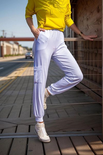 bacc Women's White Soft Textured Sweatpants with Elastic Legs and Waist and Side Pockets B