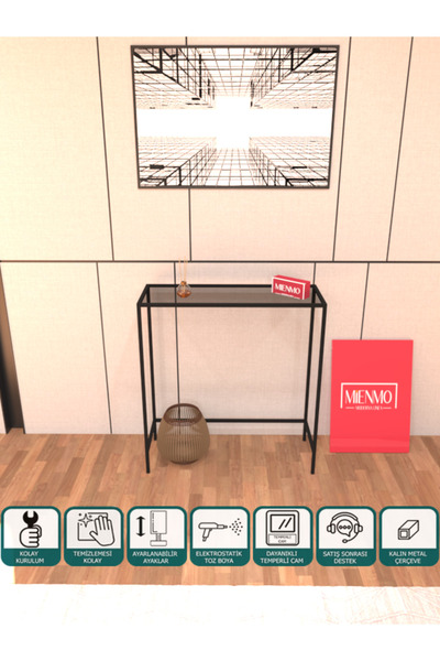 Mienmo Lumo Metal Dresuar Dekoratif Kahve Köşesi Konsol Siyah Füme Camlı 80 Cm