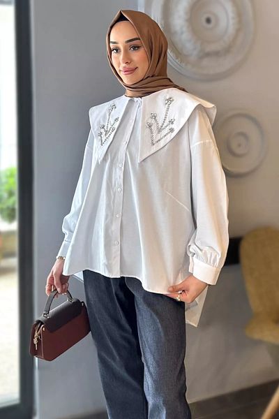 julude White Collar Stone Detailed Oversize Hijab Tunic