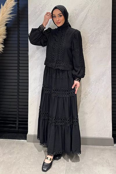 julude قميص أسود بياقة القاضي صدفي وخصر مرن تنورة حجاب مجموعة مزدوجة