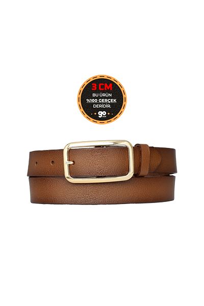 GoDeri 100% Genuine Leather, Brown 3 cm Women's Belt with Gold Buckle, Trouser Belt, Shorts Belt 3cmkdn50