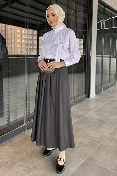 julude Γυναικεία Ανθρακί Ζώνη Λεπτομερής Πλισέ Φούστα Hijab