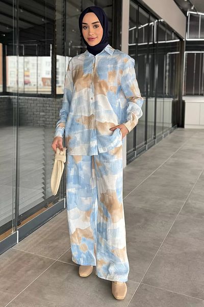 julude Set de două piese pentru femei, albastru baby, cu model, pantaloni hijab