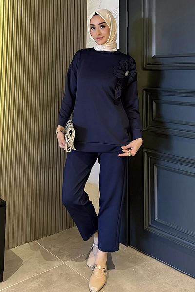 julude Μπλε γιακά Λουλούδι Λεπτομερές Παντελόνι Hijab Διπλό Σετ