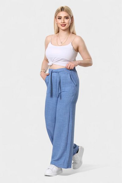 SOSYETE AVM Women's Blue Belted Elastic Waist Palazzo Linen Trousers