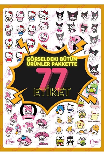 Ceres Studio Hello Kitty Ve Arkadaşları Kuromi My Melody Cinnamoroll 77 Etiket Bullet Journal Telefon Sticker