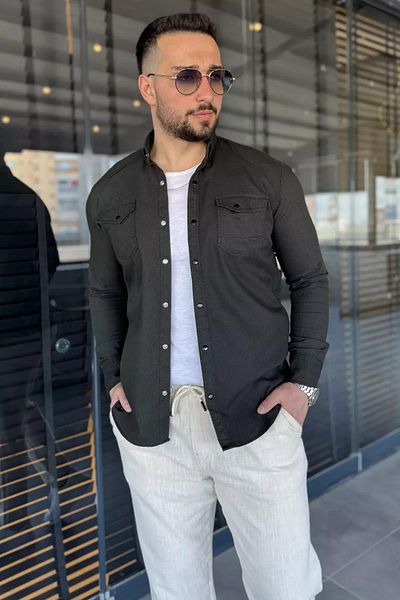 MİSHAR İTALİA Ανδρικό πουκάμισο Koyuhaki με κουμπωτά