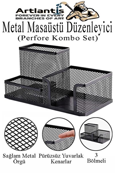 Artlantis Masaüstü Metal Kalemlik Seti 3 lü Kombo 1 Paket Fileli Perfore Siyah Kalemlik Ataşlık Kağıtlık Küpno