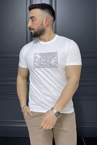 MİSHAR İTALİA Λευκό ανδρικό T-shirt με στάμπα με λαιμόκοψη
